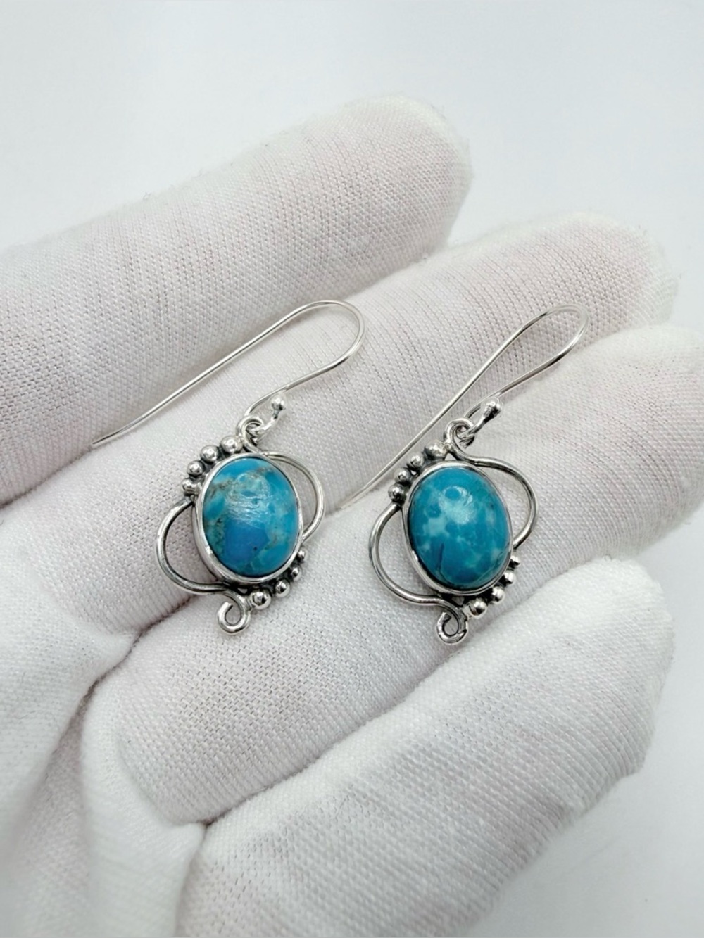 Cabochon Oval Kingman Turquoise .925 Sterling Silver Earrings